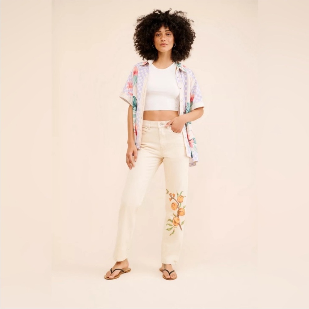 Urban Outfitters Cream Jeans with Orange Floral Design